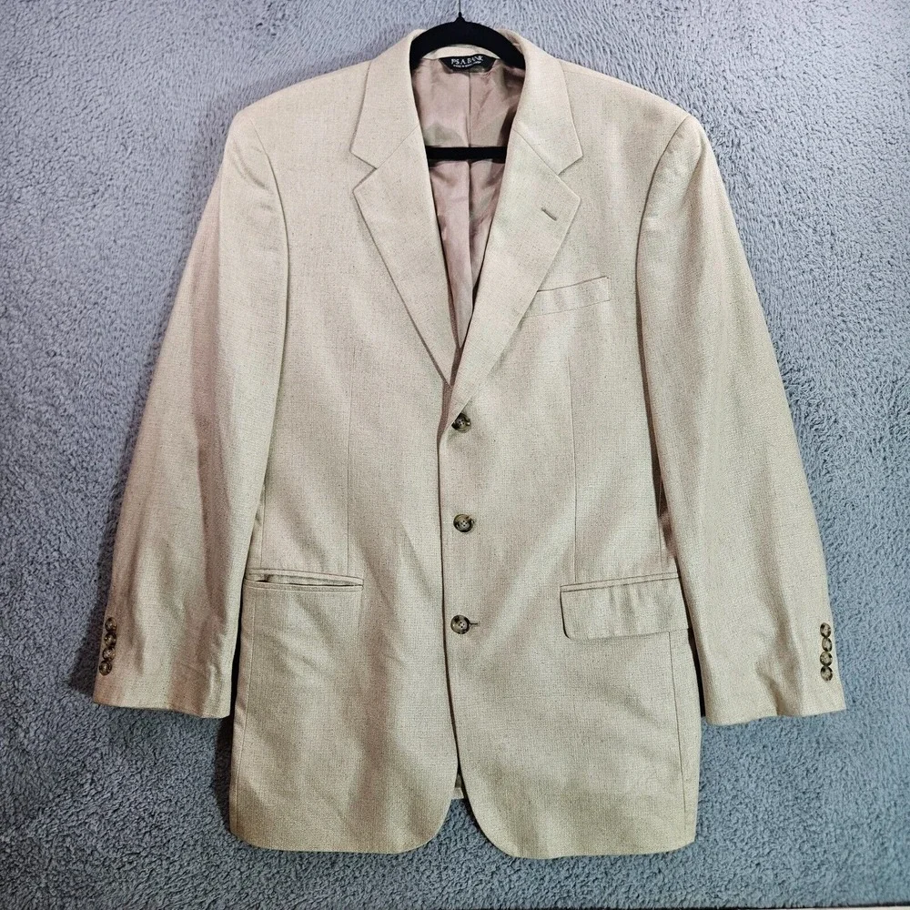 Jos‎ A Bank Sport Coat Jacket Suit Blazer Men 42L 100% Silk Beige 3-Btn